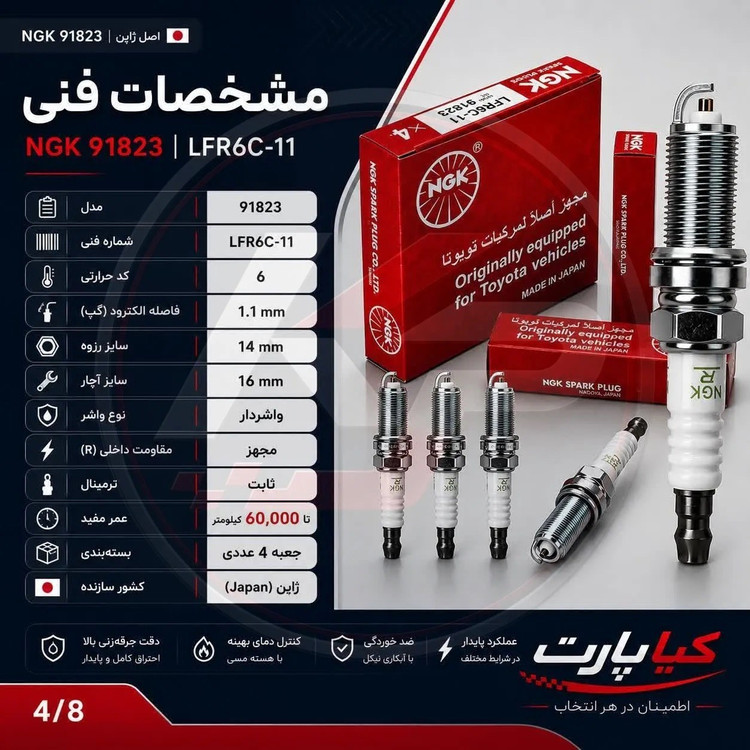 شمع NGK LFR6C-11 اورجینال مناسب خودروهای سازگار از جمله پژو 206 TU5، پژو 207 TU5، رانا TU5 - بسته 4 عددی